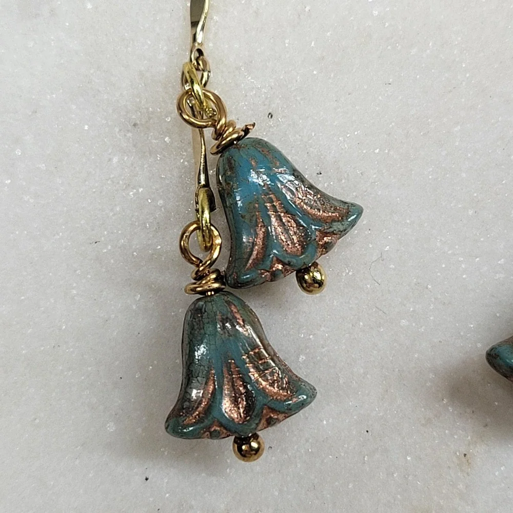 Blue Lily Flower Dangle Drop Earrings Handmade Beaded Whimsical Fairy Boho NEW